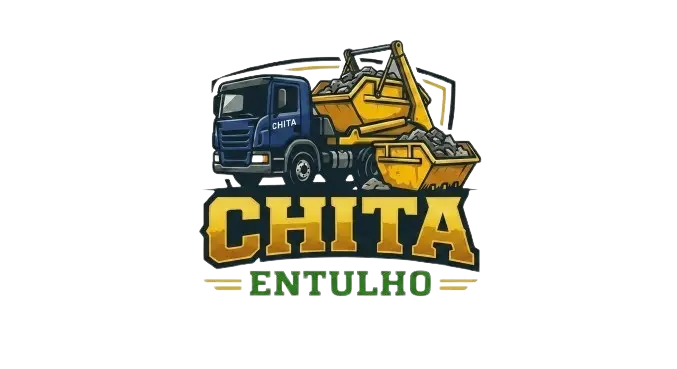 caminhão poliguincho com uma caçamba carregada no caminhão e uma outra caçamba carregada no chão , caminhão tem as cores azul na gabine e amarelo no equipamento e temos o nome da empresa, Chita Entulho